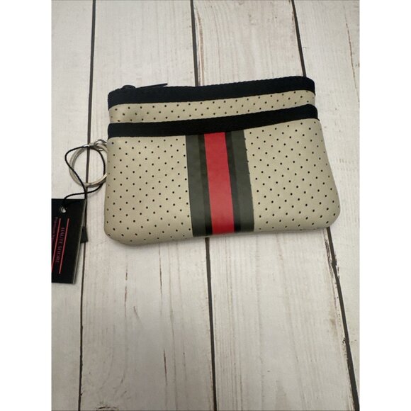 Haute Shore Neoprene Travel Bag 12” Small Keychain Wristlet Beige Red Stripe NWT - Picture 6 of 8
